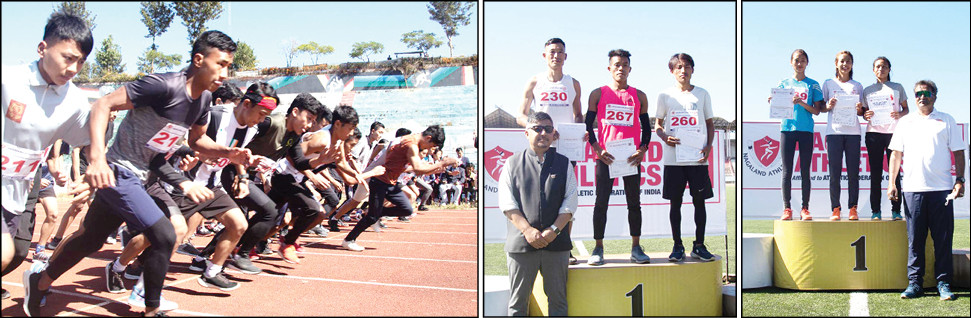 (Left) Athletes take part in the Nagaland Cross Country Championship at Indira Gandhi Stadium, Kohima on November 19. (Center) Abu Metha, Vice President, Athletics Federation of India with winners of Senior Men category (Right) Stanley Jones, Chairman, Technical Committee of Athletics Federation of India with winners of the Senior Women category.